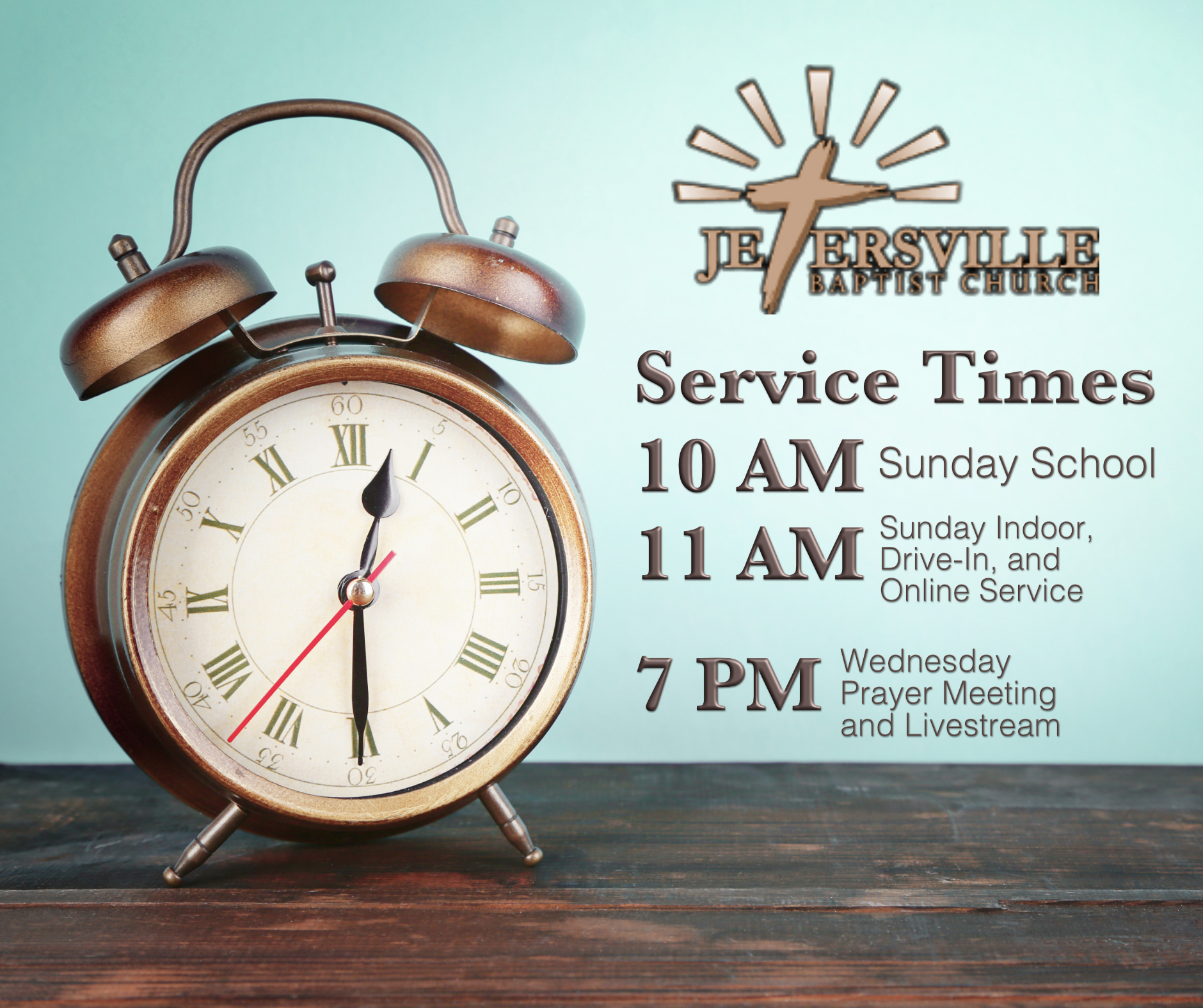 Service Times Indoor, Drive-In, & Online at 11 AM Sunday School at 10 AM